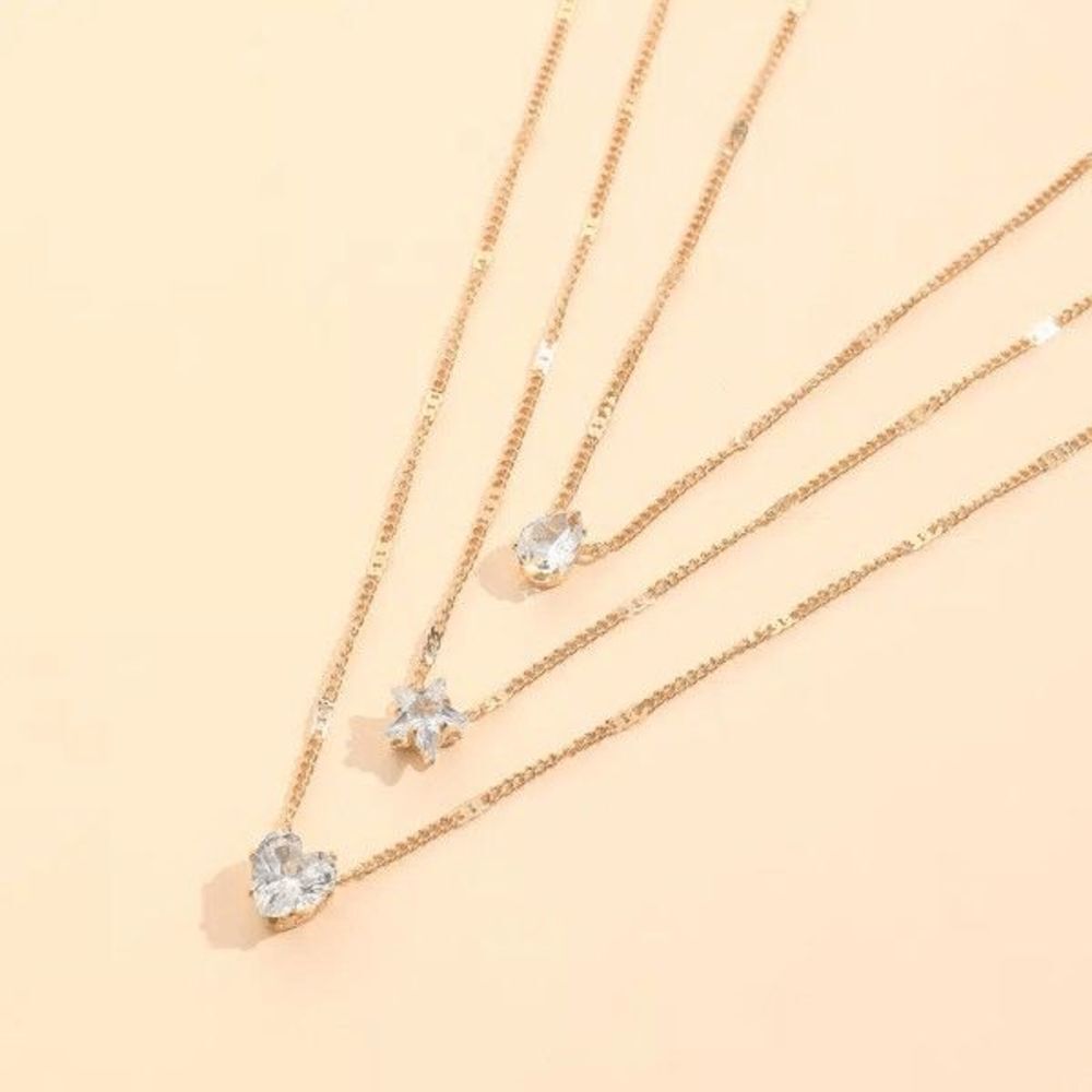 GOLD DIAMOND MULTILAYERED STAR HEART WATRDROP NECKLACE - Picture 3 of 5